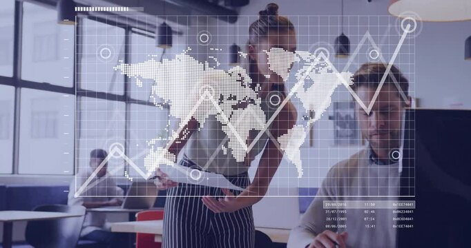 On showing charts female and male colleagues analyzing data for business review via map overlay