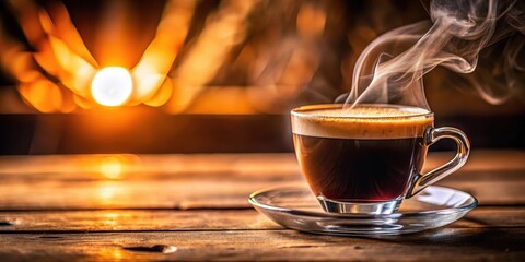 Fototapeta premium A steaming cup of Americano coffee with a natural foam top, shot in a shallow depth of field to blur the background, against a warm and cozy atmosphere , morning, beverage