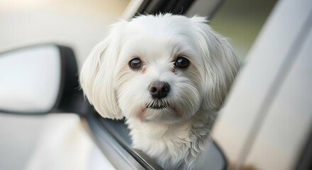 Maltese, Dog, Puppy, Adorable Maltese Dog Peeking Out of Car Window
