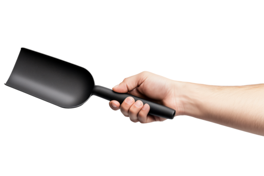 Hand Holding Black Shovel Isolated on Transparent Background