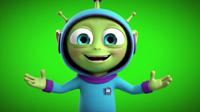 Animated cartoon alien character against green screen ideal for childrens media or education