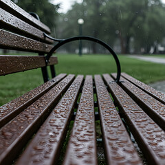 Raindrops on Park Bench – Close-Up of Wet Wooden Slats in Rainy Weather