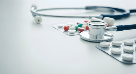 Stethoscope, Pills, Tablets, Stethoscope and Pills on White Background