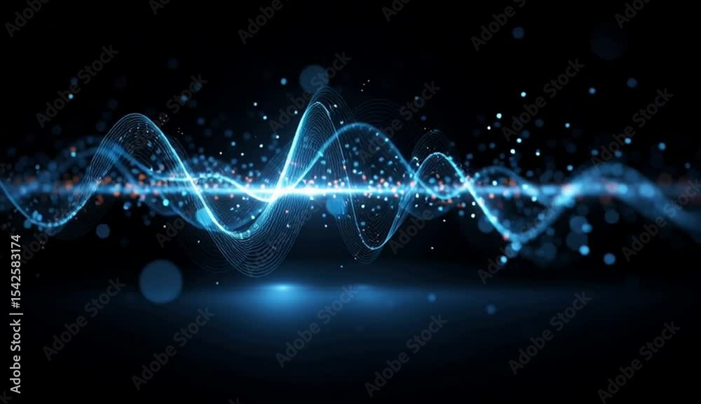 Poster abstract digital background with blue glowing sound waves and data visualization on a black backgrou