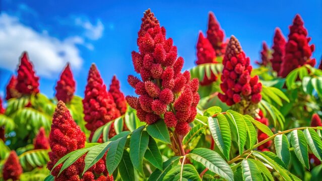 Vibrant red sumac tree in full bloom with showy white flowers against a soft blue sky and green leaves