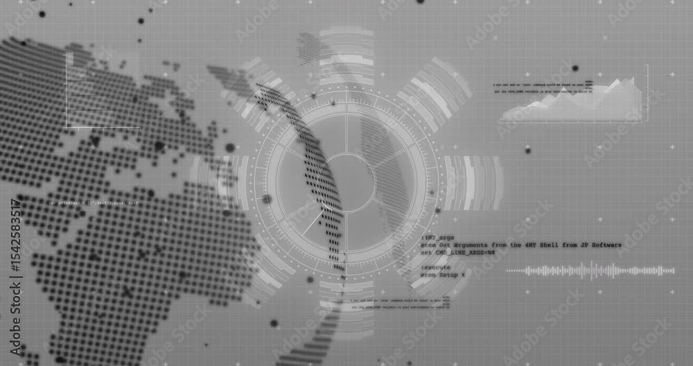Aufkleber appearing dot-matrix globe rotating hud rings pulsing code scrolling graph rising visualizing data