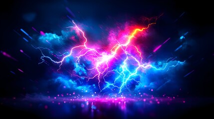 Clashing neon lightning storm; digital art background