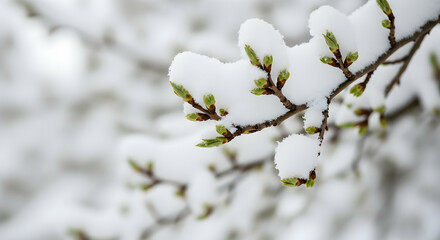 Snow, Spring, Buds, Snow Covered Spring Buds