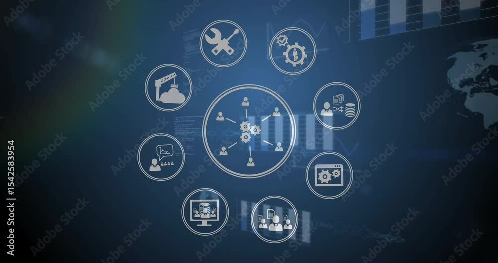 Poster fading two gears joining third radiating lines linking 6 users pulsing icons showing integration