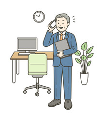生き生きとオフィスで仕事をする高齢男性の全身イラスト