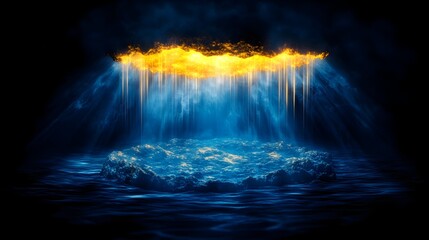 Fiery cloud portal above island, dark fantasy scene
