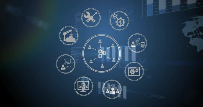Fading two gears joining third radiating lines linking 6 users pulsing icons showing integration - Powered by Adobe