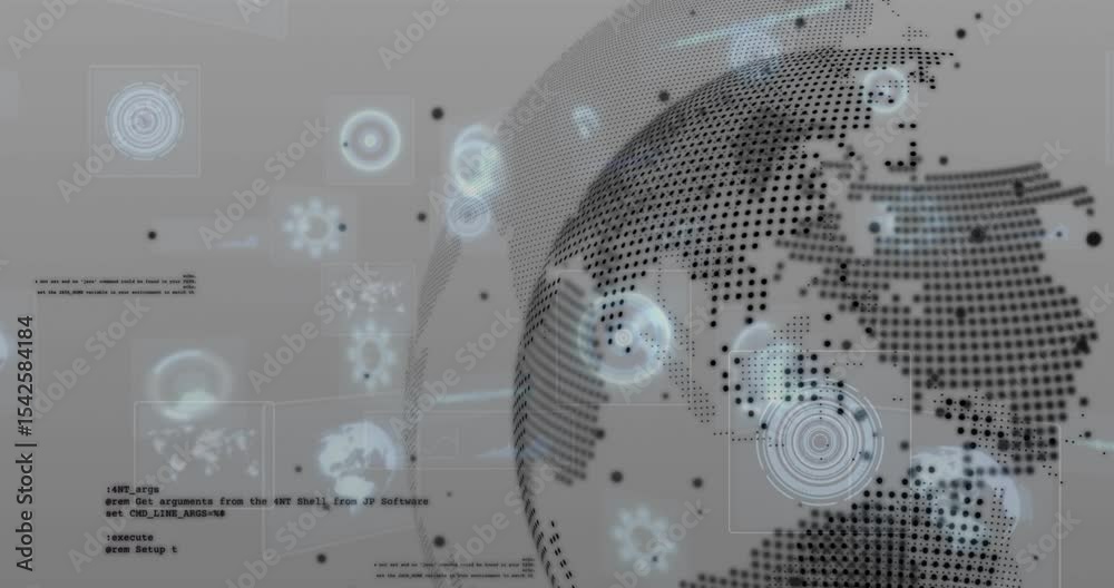 Poster gray interface activating node icons forming and drifting toward rotating globe showing data flow