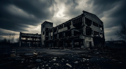 Abandoned, Building, Factory, Ruined Factory Under a Stormy Sky