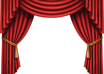 Watercolor illustration of red Theater Curtains. Drawing of Circus velvet Drapes for Stage on isolated background for event invitations or performance templates