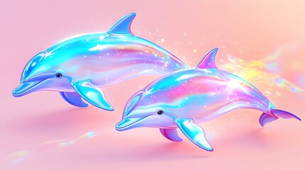 Fototapeta premium Iridescent dolphins leap, pink background, magical, design