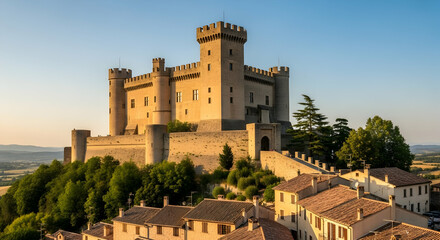 Castle, Medieval, Medieval castle, Majestic Medieval Castle at Sunset Overlooking Charming Village