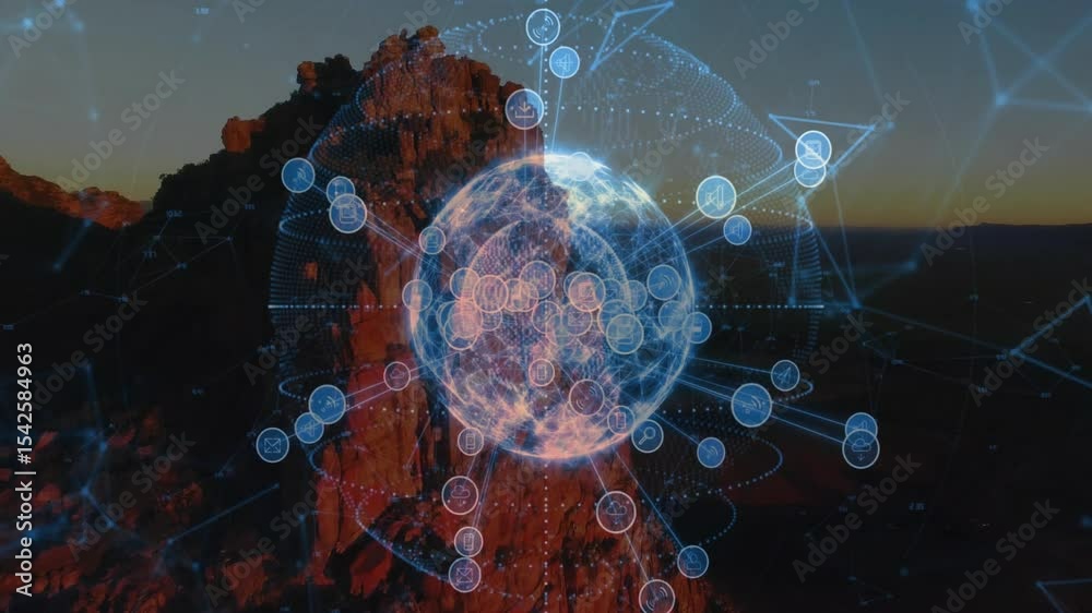 Poster translucent holographic globe materializing and pulsating while emitting expanding data connections