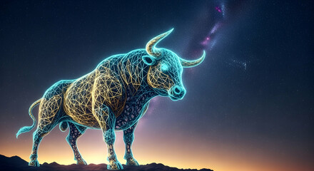 Bull, Taurus, Zodiac, Celestial Bull A Wireframe Taurus under the Milky Way
