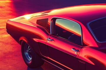 A vibrant, sleek classic red Mustang bathed in a warm, golden sunset glow, showcasing its iconic design.