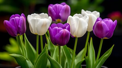 Naklejka premium Purple and white tulips garden spring bloom display