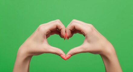 fingers of hands of a woman making the heart shape as a gesture on a green chroma screen background
