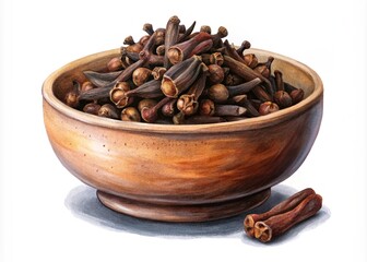 Fragrant Cloves in Wooden Bowl Aromatic Spice Illustration