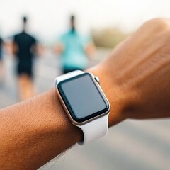 A close-up of a person's wrist wearing a white smartwatch with a black screen, suggesting fitness tracking or activity monitoring, with blurred figures running in the background.
