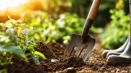 Gardener Shoveling Soil in Garden with Green Plants and Sunlight