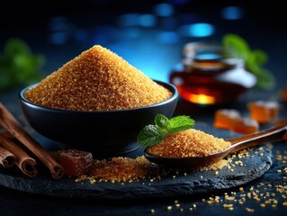 Brown sugar in a bowl with cinnamon sticks and honey