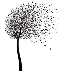 Elegant black tree silhouette with swirling leaves, embodying nature's beauty.
