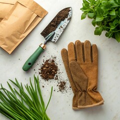 A flat lay of gardening tools and plants on a white surface, including a trowel with soil, brown gloves, seed packets, chives, and leafy greens, depicting a spring gardening theme.