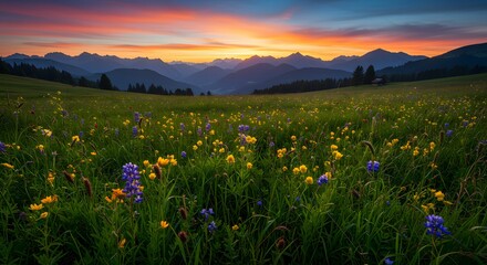 Obraz premium Vibrant Meadow of Wildflowers at Sunset Over Mountain Range Peaceful Natural Landscape Scenery Serene Outdoor Environment Beauty in Nature