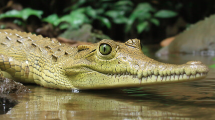 Naklejka premium Crocodile Lying in Water Surrounded by Green Foliage in Natural Habitat