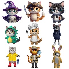 Adorable 3D cartoon cat characters with unique costumes and poses, ideal for children’s media, games, and educational materials.
