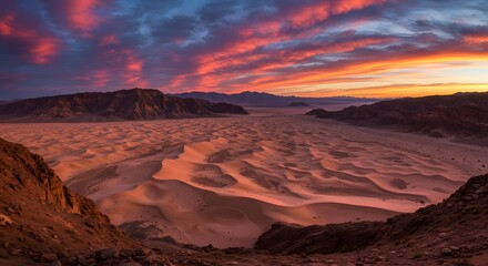 Dramatic Sunset Over Desert Landscape with Dune Patterns in Sahara Africa Colorful Evening Sky Background
