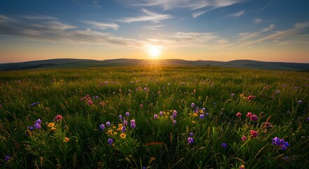 Fototapeta premium Colorful Wildflower Meadow at Sunset Scenic Vista with Dramatic Sky and Horizon Landscape Beauty Photography with Sunlight Glow