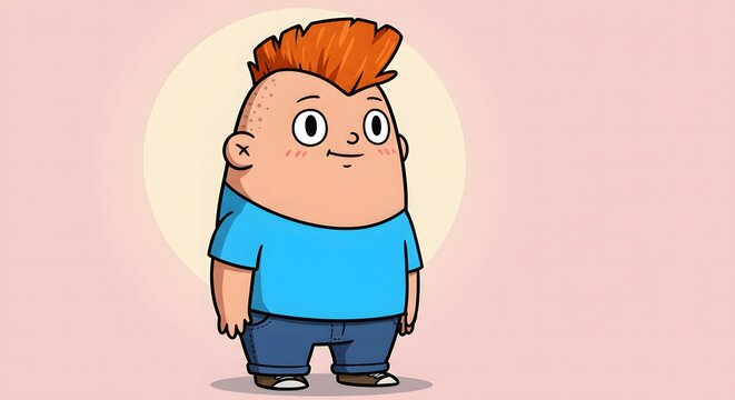 Cartoon Illustration of a Boy Character Wearing a Blue Shirt and Jeans with a Friendly Expression and a Pink Background