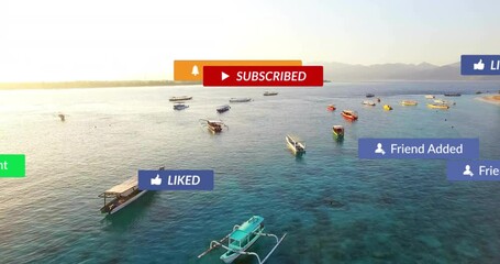 On launch camera drifting over sea with boats while UI icons animating to encourage subscriptions