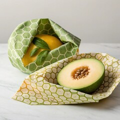Two reusable beeswax wraps, one holding a lemon with basil leaves, the other a halved honeydew melon, are placed on a white marble surface.