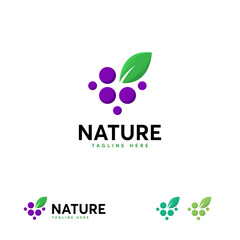 A  design featuring a cluster of purple berries and a green leaf.