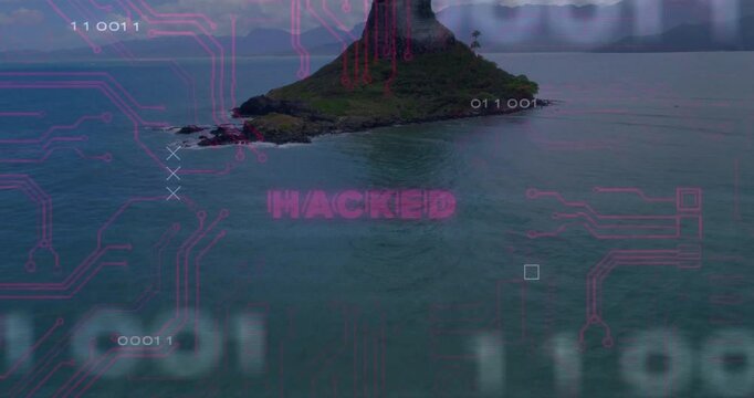Circuit bits fading over sea initiating glitching HACKED pulsing above rising island signaling hack