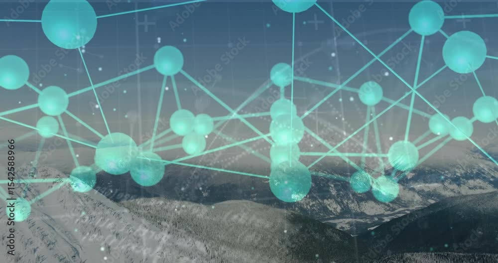 Poster cyan network fading in, rotating and pulsing above peaks while snowflakes drifting visualizing data