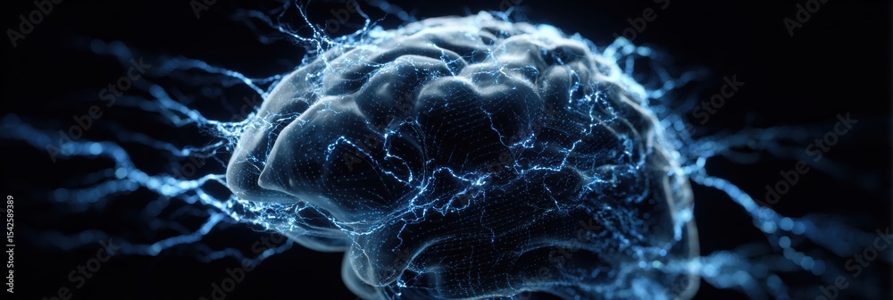 Poster digital storm of thoughts reveals a glowing brain pulsing with electric energy in a dark setting