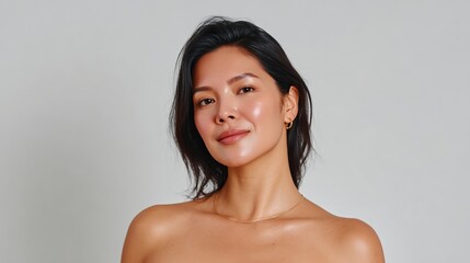 Obraz premium The woman's eyes tell a story of serene beauty, enhanced by a natural radiance, making her the epitome of understated elegance and beauty. 