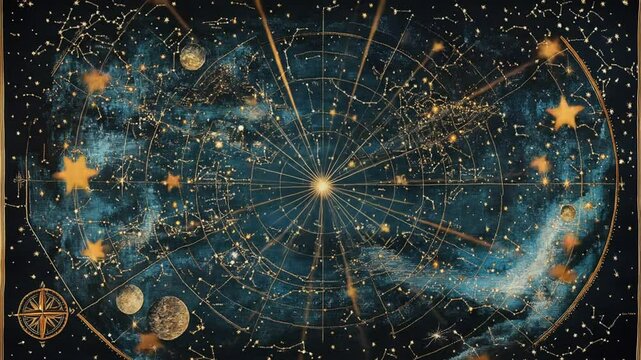 Celestial tapestry gold constellations planets cosmic compass