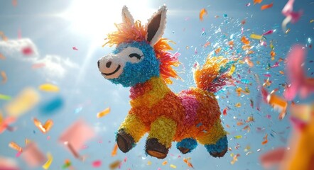 Colorful vibrant piñata shaped like a cheerful donkey bursting with confetti against a bright sky background, evoking fun and celebration