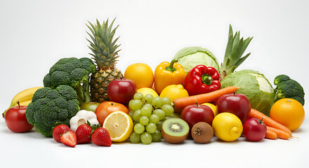 A vibrant still life of an array of fresh fruits and vegetables against a clean, white backdrop