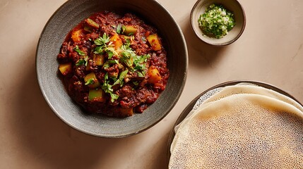 Overhead view of doro wat with injera flatbread on the side, rich textures of stew captured