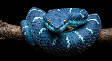 Fototapeta premium A blue viper coiled on a branch with striking yellow eyes and white markings on a black background